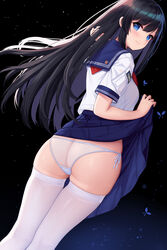 :p allenes ass black_background black_hair blue_eyes blue_skirt blush breasts bug butterfly closed_mouth clothes_pull crop_top female female_only from_behind hand_in_hair high-waist_skirt high_resolution insects large_filesize lifted_by_self long_hair looking_at_viewer looking_back miniskirt original pantsu pleated_skirt sailor_collar school_uniform see-through serafuku shirt short_sleeves side-tie_panties sidelocks skindentation skirt skirt_lift skirt_pull small_breasts solo string_panties tagme thigh_gap thighhighs tongue tongue_out underwear uniform very_high_resolution white_legwear white_panties white_shirt white_underwear