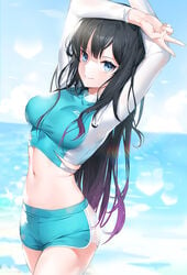 arms_up beach black_hair blue_eyes blue_shorts blue_sky blurry breasts closed_mouth cowboy_shot crop_top day depth_of_field e_myo female horizon long_hair long_sleeves looking_at_viewer medium_breasts midriff navel ocean original outdoors petite rash_guard short_shorts shorts sky smile solo standing stomach swimsuit tagme torn_clothes v water yumaomi