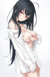 ahoge areola_slip areolae bare_shoulders black_hair breast_slip breasts cleavage covering_nipples cowboy_shot dress_shirt female female head_tilt high_resolution long_hair long_sleeves looking_at_viewer medium_breasts no_bra off_shoulder open_clothes open_shirt original red_eyes shirt simple_background smile solo tagme unbuttoned wardrobe_malfunction white_background white_shirt yumaomi