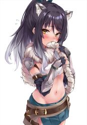 animal_ear_fluff animal_ears animal_tail belt belt_buckle black_gloves black_hair blush bra brown_belt buckle clothing covered_mouth covering_mouth cowboy_shot embarrassed female fingerless_gloves flying_sweatdrops fur_collar gauntlets gloves gradient_hair grey_hair high_resolution holding_own_tail kashiwazaki_shiori long_hair looking_at_viewer marisasu_(marisa0904) midriff multicolored_hair navel ponytail princess_connect! princess_connect!_re:dive shiori_(princess_connect!) simple_background skirt solo stomach tagme tail tied_hair tiger_ears tiger_girl tiger_tail vambraces white_background yellow_eyes