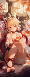 absurd_res absurdres barefoot blonde_hair edit feet female female_only foot_fetish foot_focus footwear genshin_impact hi_res highres ice_(dzs1392584271) japanese_clothes looking_away red_eyes shimenawa soles tattoos white_skin yoimiya_(genshin_impact)