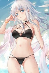 ahoge bare_shoulders bikini black_bikini black_choker black_swimsuit blue_eyes bracelet breasts choker clavicle cleavage cowboy_shot criss-cross_halter day e_myo earrings female floating_hair gluteal_fold grey_hair groin halter_top halterneck hand_up high_resolution jewelry long_hair looking_at_viewer medium_breasts midriff multi-strapped_bikini navel original outdoors parted_lips shawl sidelocks silver_hair smile solo standing stomach string_bikini swimsuit tagme thighs water wet yumaomi