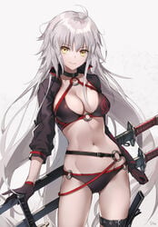 1girls ahoge artist_name bangs bikini black_bikini black_choker black_gloves black_handwear black_jacket black_outerwear black_swimsuit breasts brown_eyes choker clavicle cleavage collar_(clothes) cropped_jacket e_myo eyebrows_visible_through_hair fate/grand_order fate_(series) female female_only gloves golden_eyes grey_background grey_hair hair_between_eyes head_tilt high_collar jacket jeanne_alter jeanne_d'arc_(alter) jeanne_d'arc_(alter)_(swimsuit_berserker) jeanne_d'arc_(fate) katana long_hair long_sleeves looking_at_viewer medium_breasts midriff navel o-ring o-ring_bikini o-ring_bottom o-ring_top parted_lips scabbard sheathed shrug_(clothing) signature silver_hair simple_background smile solo swimsuit sword tagme text very_long_hair weapon yumaomi