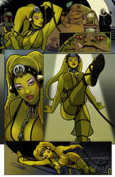 1girls 3boys bib_fortuna boba_fett brown_eyes cleavage closed_eyes comic dancer dancer_outfit dancing eyeshadow femsub fishnets harem_girl harem_outfit headgear hutt jabba_the_hutt jawa leash oola ramartwork return_of_the_jedi salacious_crumb sandals slave slave_collar slave_outfit slavegirl standing star_wars submissive_female twi'lek