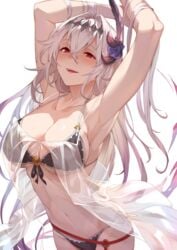 armpits arms_behind_head arms_up bangs bare_shoulders bikini black_bikini black_swimsuit breasts cleavage dark_jeanne diadem feathers female female flower granblue_fantasy hair_between_eyes hair_feathers hair_flower hair_intakes hair_ornament high_resolution hip_focus jeanne_d'arc jeanne_d'arc_(granblue_fantasy) kakage large_breasts long_hair looking_at_viewer navel open_mouth paid_reward parted_lips red_eyes see-through smile solo swimsuit tagme transparent_background underboob white_hair