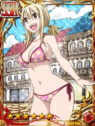 alternate_hairstyle armpits arms arms_at_sides back-tie_bikini bangs bikini blonde_hair breasts brown_eyes building city cleavage collarbone curvy day english_text eyelashes facing_away fairy_tail female female_focus fingernails fingers hair_between_eyes hands happy highres large_breasts legs long_hair looking_away lucy_heartfilia midriff navel neck official_art open_mouth outdoors pink_bikini print_bikini shiny shiny_hair shiny_skin shiny_swimsuit shoulders side-tie_bikini side_bangs sideboob sidelocks sky smile sparkle_background standing star_(symbol) star_print summer sunlight swimsuit thighs tied_hair twintails underboob