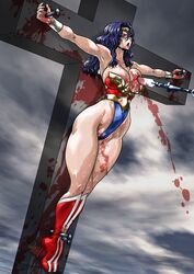 blood crucified crucifix crucifixion dc_comics death diana_prince female_death nailed_to_cross stab stabbed superheroine torture wonder_woman wonder_woman_(series) wounded