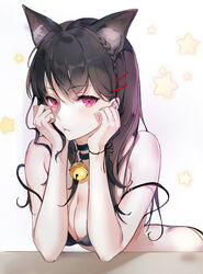 animal_ear_fluff animal_ears ass bare_arms bare_shoulders bell black_bra black_choker black_hair black_panties black_underwear bra braid breasts choker cleavage e_myo female female hair_ornament hairclip hands_up high_resolution jingle_bell long_hair looking_at_viewer medium_breasts nekomimi original pantsu parted_lips pink_eyes solo star strap_slip tagme tied_hair underwear underwear_only yumaomi