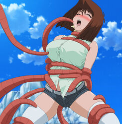 apricot_(artist) big_breasts bound female imminent_rape implied_penetration konami restrained sakura_painter shorts tea_gardner tentacle tentacle_bondage tentacles_under_clothes yu-gi-oh!