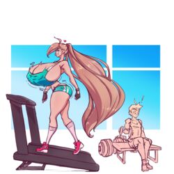 ! 1boy 1girls absurdly_long_hair amazon ass blue_eyes booty_shorts bouncing_ass bouncing_breasts breasts breasts_bigger_than_head brother_complex bursting_breasts color female gym heart huge_ass huge_breasts jack_knight_(n647) jiggle larger_female long_hair looking_back male n647 nipple_bulge orange_hair rose_drake_(n647) size_difference smile sports_bra sportswear taller_girl teasing thick_thighs thin_waist treadmill very_long_hair voluptuous weightlifting weights workout