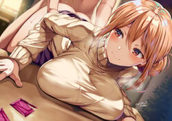 ass belko big_breasts blonde_hair blush breasts_on_table clothed_sex condom doggy_style hikigaya_hachiman huge_breasts large_breasts my_teen_romantic_comedy_snafu sweater turtleneck yellow_eyes yuigahama_yui's_mother