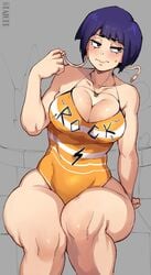 1girls big_breasts blush breasts clothed_female curvy_figure embarrassed female female_only kyoka_jiro large_breasts looking_to_the_side muscular_female my_hero_academia purple_eyes purple_hair short_hair slight_blush solo taigerarts thick_thighs unhappy voluptuous wide_hips