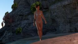 1girls 3d absurd_res athletic athletic_female barefoot beach belly_button bikini ellie_(the_last_of_us) ellie_williams female female_focus female_only flat_chest freckles hi_res human looking_away navel pale_skin panties sand scar side-tie_bikini solo solo_female sunlight tattoo the_last_of_us the_last_of_us_2 thong tied_hair walking weirdsciencex white_bikini