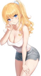 2020s 2021 blonde_hair blue_eyes blush breasts clavicle cleavage dolphin_shorts ecstasy erect_nipples erect_nipples_under_clothes eyebrows_visible_through_hair female front_view grey_shorts hair_ornament hair_scrunchie hand_on_thigh heart-shaped_pupils high_resolution large_breasts leaning_forward long_hair nipples original ponytail scrunchie shiny_hair shiny_skin shirt short_shorts shorts side_slit simple_background sleeveless sleeveless_shirt solo solo_female spaghetti_strap strap_slip sweat sweaty_breasts sweaty_legs tagme tank_top thighs tied_hair tomboy two_tone_bottomwear wet wet_clothes white_background white_hair_ornament white_scrunchie white_shirt white_topwear yumaomi