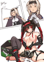 2girls bianca_(punishing:_gray_raven) black_hair blonde_hair blush body_modification female futanari headgear long_hair lucia_(punishing:_gray_raven) medium_breasts nipples pale_skin ponytail punishing:_gray_raven red_eyes red_hair robot_girl stmaster topless twintails yellow_eyes