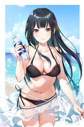 :> bare_arms bare_shoulders beach bikini black_bikini black_hair black_nails black_swimsuit blue_sky blush bottle breasts clavicle cleavage closed_mouth day drink e_myo earrings female female holding holding_bottle jewelry large_breasts lens_flare long_hair looking_at_viewer nail_polish navel ocean original original_character outdoors pantsu pink_eyes red_eyes shiny shiny_hair side-tie_panties skirt sky smile solo straight_hair swimsuit tagme thigh_gap thighs underwear very_long_hair water_bottle white_skirt yumaomi