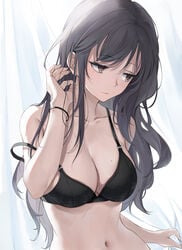 backlighting bare_arms bare_shoulders black_bra black_hair black_underwear bra breasts brown_eyes clavicle cleavage closed_mouth curtains female female hair_tucking hand_up high_resolution large_breasts long_hair looking_away mole mole_on_breast mole_under_eye navel original sidelocks smile solo stomach strap_slip tagme underwear underwear_only upper_body yumaomi