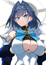 big_breasts blue_eyes boob_window curvy dark_hair earrings hair_ornament hololive hololive_english hololive_english_-council- hololive_english_-promise- huge_breasts looking_at_viewer looking_down_at_viewer midriff nipple_bulge nuezou ouro_kronii pale-skinned_female pale_skin short_hair shoulderless_dress underboob virtual_youtuber