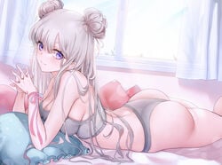 ass bare_arms bare_shoulders bed breasts camisole cleavage crop_top curtains double_bun e_myo female female grey_hair grey_panties interlocked_fingers large_breasts long_hair looking_at_viewer lying on_bed on_stomach original pantsu pillow purple_eyes smile solo spaghetti_strap strap_gap tagme underwear underwear_only window yumaomi