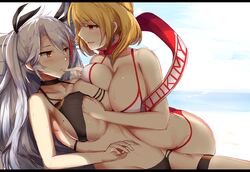 2girls azur_lane beach bikini blush breast_grab cleavage female female_only groping_breasts prince_of_wales_(azur_lane) prince_of_wales_(windsor_sun)_(azur_lane) prinz_eugen_(azur_lane) satou_rin_(gobugabuge) seductive seductive_look seductive_smile tagme yuri