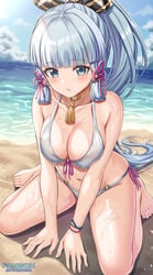 1girls beach bikini blue_eyes blush breasts cleavage female female_only genshin_impact kamisato_ayaka medium_breasts ponnyu12 princess wet white_hair