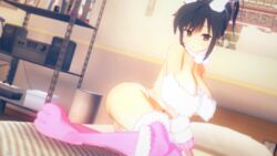 alternate_costume asuka_(senran_kagura) bed bedroom blush brown_eyes brown_hair bunny_ears bunny_girl female_only hair_ribbon huge_breasts light_blush senran_kagura shy_smile solo xhion24