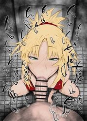 1boy :>= deepthroat_mark eye_contact fate/grand_order fate_(series) fellatio female grimtale hands-free kurotama light-skinned_male mordred_(fate) mordred_(swimsuit_rider) oral pov saliva saliva_trail seductive_mouth squatting swimsuit third-party_edit