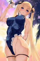 azur_lane bare_arms bare_shoulders black_ribbon blonde_hair blue_eyes blue_leotard bottle breasts casual_one-piece_swimsuit cowboy_shot dead_or_alive female frilled_leotard frills garter hair_ornament hair_ribbon high_resolution highleg highleg_swimsuit large_breasts leotard looking_at_viewer marie_rose marie_rose_(devilish_servant_against_the_splashing_waves) one-piece_swimsuit pouring_onto_self ribbon satou_daiji solo swimsuit tied_hair twintails water x_hair_ornament