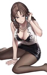 alluring big_breasts black_bra black_skirt bra bracelet braid breasts brown_eyes brown_hair brown_legwear cleavage commentary earrings english_commentary female fingernails frilled_shirt_collar frills hair_over_shoulder hanny_(uirusu_chan) high_res jewelry julia_chang leather_skirt looking_at_viewer medium_hair nail_polish namco necklace no_shoes office_lady panties panties_under_pantyhose pantyhose pantyshot pencil_skirt shirt skirt sleeveless sleeveless_shirt tekken tekken_7 twin_braids underwear white_background white_shirt