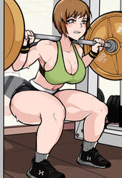 1girls 2021 ass blush booty_shorts breasts brown_eyes brown_hair footwear gym musk musk_clouds musky persona persona_4 satonaka_chie shoes short_hair sieroo smell smelly solo sports_bra sportswear squatting steam steamy sweat sweatdrop sweating sweaty tomboy under_armour weightlifting weights white_skin workout