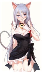 animal_ears bare_arms bare_shoulders bell black_dress black_panties black_underwear breasts cat_girl cat_tail cleavage cleavage_cutout clothing_cutout cowboy_shot dress e_myo female female finger_to_mouth frilled_dress frills garter_belt garter_straps gloves grey_hair hair_between_eyes hand_up heart_cutout index_finger_raised jingle_bell large_breasts lingerie long_hair looking_at_viewer nekomimi original pantsu panty_peek parted_lips pixiv purple_eyes short_dress silver_hair simple_background skindentation sleeveless sleeveless_dress smile solo standing strap tagme tail thighhighs thighs twitter underwear very_long_hair white_background white_gloves white_handwear white_legwear yumaomi