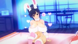 alternate_costume asuka_(senran_kagura) bed blush brown_eyes brown_hair bunny_ears bunny_girl female_only hair_ribbon heart huge_breasts light_blush senran_kagura shy_smile solo xhion24