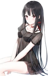 bangs black_bra black_hair black_underwear bra bra_visible_through_clothes breasts brown_eyes choker clavicle closed_mouth female long_hair looking_at_viewer nopan original red_ribbon ribbon ribbon_choker see-through shirt short_sleeves simple_background sitting small_breasts smile solo tagme underwear white_background yumaomi