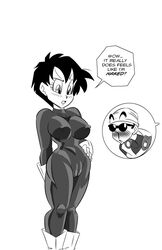 blush cameltoe dragon_ball funsexydragonball gloves great_saiyaman great_saiyaman_2 great_saiyawoman monochrome nipples_visible_through_clothing nosebleed short_hair skin_tight son_gohan vagina_visible_through_clothing videl