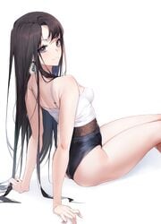 arm_support ass bangs bare_arms bare_shoulders black_eyes black_hair black_panties black_underwear blush breasts camisole closed_mouth earrings eyebrows_visible_through_hair female female grey_eyes hair_between_eyes high_resolution in_profile jewelry legs long_hair long_legs looking_at_viewer looking_to_the_side one-piece_swimsuit original pantsu shirt sidelocks simple_background sitting skindentation sleeveless sleeveless_shirt small_breasts smile solo swimsuit tagme underwear very_long_hair white_background white_shirt yumaomi