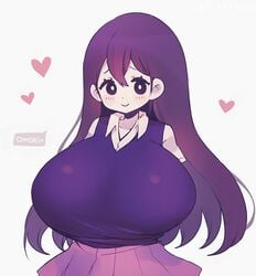 1girls 2021 big_breasts breasts clarevoir cute enormous_breasts huge_breasts long_hair mari_(omori) mob_face omori plain_background purple_eyes purple_hair skirt white_background