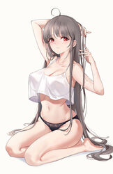 ahoge arm_behind_head armpits bare_arms bare_legs bare_shoulders barefoot black_panties black_underwear breasts camisole clavicle cleavage closed_mouth crop_top crop_top_overhang ear_piercing expressionless feet female female grey_hair groin hand_up large_breasts legs lingerie long_hair looking_at_viewer navel no_pants one_arm_up original pantsu piercing red_eyes seiza shirt sidelocks simple_background sitting sleeveless sleeveless_shirt solo spaghetti_strap stomach tagme thighs underwear very_long_hair white_background white_shirt yumaomi