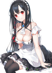 :> apron arm_support artist_name bare_arms bare_shoulders bent_knees black_collar black_dress black_hair black_legwear blush breasts brooch buttons clavicle cleavage closed_mouth clothing collar detached_collar dress e_myo feet_out_of_frame female female frilled_dress frills hair_ornament hair_ribbon head_tilt headdress headwear invisible_chair jewelry leaning_forward long_hair looking_at_viewer maid maid_apron maid_headdress medium_breasts midair off_shoulder original red_eyes red_ribbon ribbon sidelocks signature simple_background sitting smile solo tagme thighhighs thighs very_long_hair waist_apron white_apron white_background white_neckwear wing_collar x_hair_ornament yumaomi zettai_ryouiki