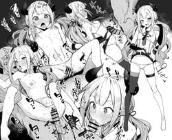 1boy 1girls aroused bar_censor blush breasts censored clothes_lift collarbone commission excited fellatio female french_kiss greyscale highres horns kissing kissing_while_penetrated lifted_by_self long_hair looking_pleasured low_twintails moketa monochrome naraka_(nijisanji) navel nijisanji oni_horns open_mouth oral panties penis penis_awe pointy_ears pussy_juice sex skeb_commission skirt skirt_lift small_breasts spread_legs straight tongue tongue_out twintails underwear vaginal_penetration virtual_youtuber