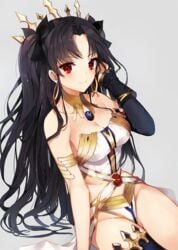 adjusting_hair archer arm arm_support armlet asymmetrical_legwear asymmetrical_sleeves bangs bare_arms bare_legs bare_shoulders black_detached_sleeves black_hair black_legwear black_ribbon blush breasts c: cleavage closed_mouth clothing crown detached_sleeves dress e_myo earrings fate/grand_order fate_(series) female female gem grey_background hair_ornament hair_ribbon headwear hoop_earrings ishtar_(fate) jewelry large_breasts legs light_smile long_hair looking_at_viewer neck neck_ring parted_bangs red_eyes revealing_clothes ribbon royal simple_background single_sleeve single_thighhigh sitting smile solo strapless tagme thighhighs thighlet tied_hair tohsaka_rin twintails two_side_up waist_cape yumaomi