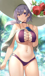 1girls absurdres areola_slip areolae azur_lane bangs bare_shoulders bikini breasts cameltoe choker cleavage cross-laced_bikini earrings flower hair_between_eyes hat hat_flower highres jewelry large_breasts large_hat long_hair looking_at_viewer navel outdoors palm_tree ponytail purple_bikini purple_eyes reno_(azur_lane) reno_(summer_spin-off)_(azur_lane) sakamotono sideboob skindentation smile solo sun_hat sunlight swimsuit tree