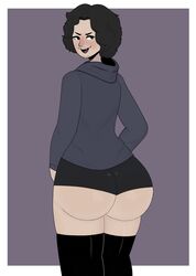 1boy ass big_ass big_butt black_hair dewi_aleman femboy hoodie male male_only original_character shorts simple_background solo solo_male thick_thighs thighhighs