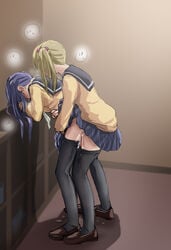 1futa 1girls bangs blonde_hair blue_skirt brown_footwear classroom clothed clothing cum cum_on_body doggy_style duo female from_behind futa_on_female futa_with_female futanari highres human implied_futanari inuyama_aoi light-skinned_female light-skinned_futanari light_skin loafers long_sleeves mostly_clothed multiple_girls oogaki_chiaki pale_skin pantyhose plaid plaid_skirt purple_hair raitaroo school_uniform serafuku sex sex_from_behind shoes side_ponytail side_view skirt standing standing_sex sweat swept_bangs yurucamp