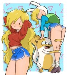 2020s 2021 2girls adventure_time angry ass athletic_shorts backpack bag bare_legs bent_over black_footwear blank_expression blonde_hair blue_bottomwear blue_shorts blue_topwear booty_shorts breasts cake_the_cat cartoon_network centinel303 clothed clothing dolphin_shorts duo duo_female embarrassed fangs female female_only fionna_the_human_girl footwear fur human kneepits long_hair pale_skin rear_view red_topwear shiny_bottomwear shiny_hair shiny_skin shorts side_slit side_view socks standing tail thick thick_thighs tomboy tongue tongue_out two_tone_fur upshorts western_art western_cartoon white_socks