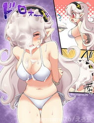 alternate_costume ass_visible_through_thighs bikini bondage bound bound_wrists breasts cleavage corrin_(fire_emblem) corrin_(fire_emblem)_(female) eromame femsub fire_emblem fire_emblem_fates fire_emblem_if in_the_face large_breasts manakete nintendo open_mouth pie pointy_ears red_eyes suggestive swimsuit video_games white_bikini white_swimsuit