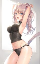 animal_ears armpits arms_behind_head arms_up bangs black_panties black_shirt black_underwear blush breasts brown_hair cat_girl cat_tail cowboy_shot crop_top curvaceous day eyebrows_visible_through_hair facial_mark female female final_fantasy final_fantasy_xiv fingernails high_resolution indoors large_breasts light_brown_hair long_hair looking_at_viewer medium_breasts midriff miqo'te momoko_(momopoco) multi-strapped_panties nail_polish navel nekomimi o-ring o-ring_bottom o-ring_panties oerba_yun_fang open_mouth pantsu pink_nails ponytail purple_eyes shiny shirt sleeveless sleeveless_shirt solo string_panties sunlight tagme tail tears thighs tied_hair turtleneck underwear window