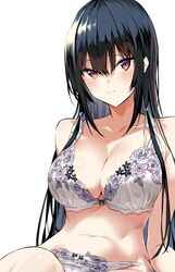 black_hair blush bra breasts cleavage closed_mouth female female hair_ornament hair_ribbon haitekudasai_takamine-san hiiragi_yuuichi large_breasts light_smile long_hair navel official_art pantsu red_eyes ribbon sidelocks simple_background solo tagme takamine_takane underwear underwear_only white_background white_bra white_panties white_underwear