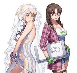 2girls alluring alternate_hairstyle arcade_stick back-to-back bangs belt blonde_hair blue_eyes blunt_bangs braid breasts bridal_veil brown_eyes brown_hair cleavage clothed clothing_cutout commentary commission controller cuffs denim denim_shorts emilie_de_rochefort english_commentary female fingerless_gloves fingernails game_controller glasses gloves green_gloves hanny_(uirusu_chan) high_res highleg highleg_panties hood hood_down joystick julia_chang looking_at_viewer loose_belt low_braid medium_breasts medium_hair multiple_girls namco navel navel_cutout official_alternate_costume panties plaid plaid_shirt red-framed_eyewear revealing_clothes revision shackles shirt short_ponytail short_shorts shorts sleeves_rolled_up smile tekken tekken_7 tekken_tag_tournament_2 thigh_pouch twin_braids underwear upper_teeth veil white_background