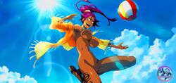 1girls absurd_res big_breasts bleach breasts dark-skinned_female dark_skin edit edited female female_only golden_eyes green_eyes high_resolution highres looking_at_viewer naked nipples nude purple_hair pussy pussy_lips shihouin_yoruichi smiling smiling_at_viewer solo space-panda summer