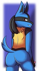 ass blue_body blue_skin canid canine curvy_figure female genitals jseph looking_at_viewer looking_back lucario mammal nintendo pokemon pokemon_(species) pussy red_eyes simple_background smile solo thick_thighs video_games wide_hips